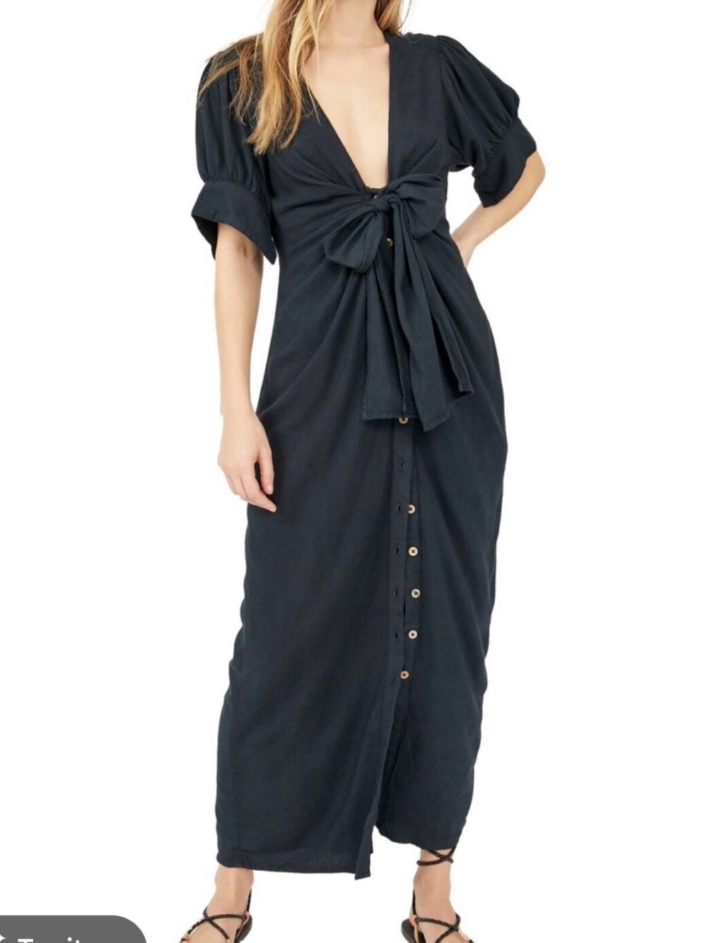 Free People Black Midi Button-Front Knot Dress - Picture 2 of 6